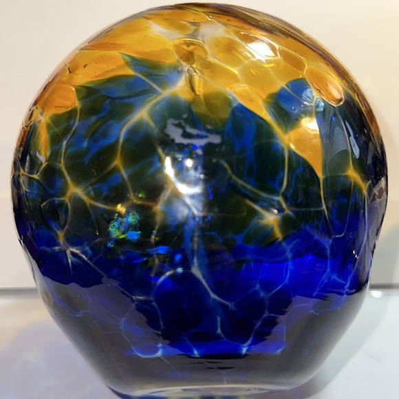 Hand Blown Art Glass Oil Lamp With Wick - Round - Blue/0range/Yellow - signed - Picture 2 of 6